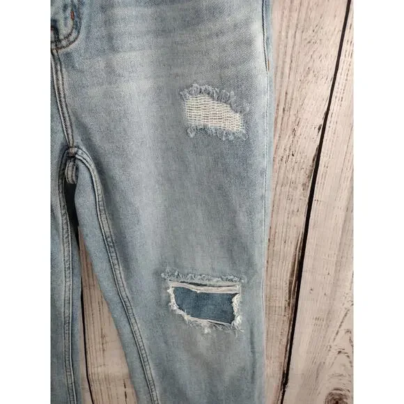 Cleo + Wolf Patchwork Distressed Light-Wash High-Rise Straight Jeans Women's 29 - Picture 3 of 15